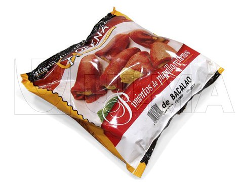 Bakailaoz betetako piperrak ontziratzea makina bertikalean (vffs) Bakailaoz betetako piperrak ontziratzea makina bertikalean (vffs)