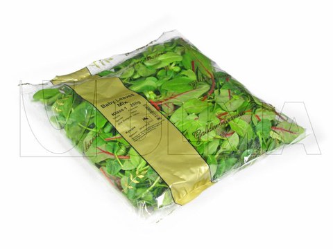 Ziazerba eta errukula orriak bertikalean atmosfera eraldatuarekin (MAP) eta BOPP filmean ontziratzea Ziazerba eta errukula orriak bertikalean atmosfera eraldatuarekin (MAP) eta BOPP filmean ontziratzea