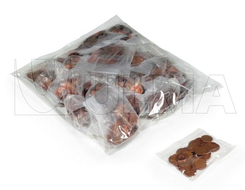 Txanponak eta poltsa multzoak bertikalean eta LDPE filmez ontziratzea