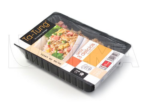 Hiru gutiziako arroza termoformatuan ontziratzea atmosfera kontrolatuarekin (MAP)